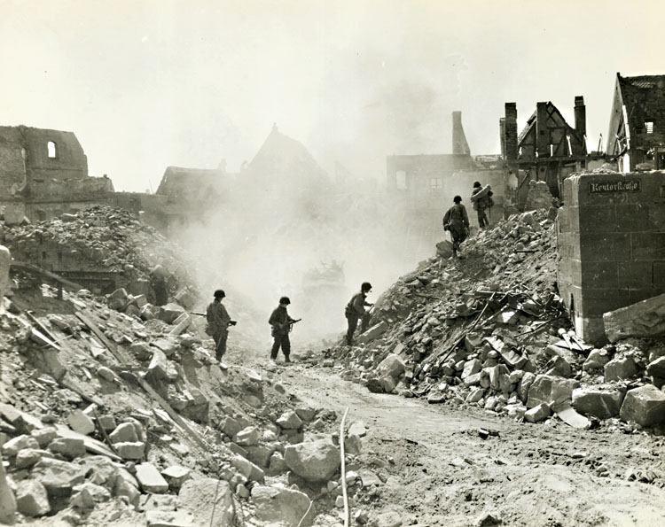 US Army Infantrymen on the Lookout for Snipers, Nuremburg, Germany