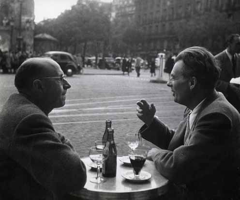 Photo Detail - Robert Doisneau - Pierre Neveu and Author Aldous Huxley, on the Terrace of Flore Café, Saint-Germain-des-Prés, Paris, Drinking Wine