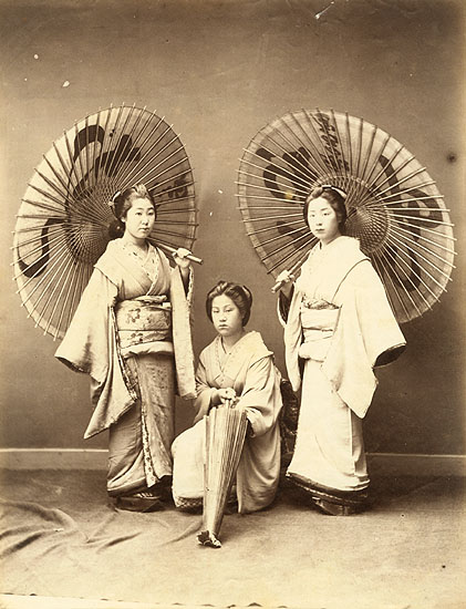 Three Japanese Women with Umbrellas