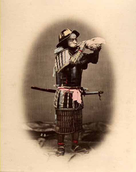 Japanese Samurai in Armour with Shell Horn/Girl in Winter Costume