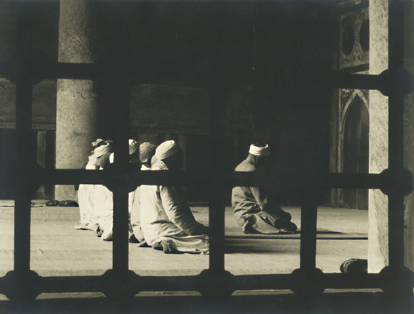 Mosque Interior and Men at Prayer