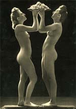Two Nude Women Holding Plate of Grapes