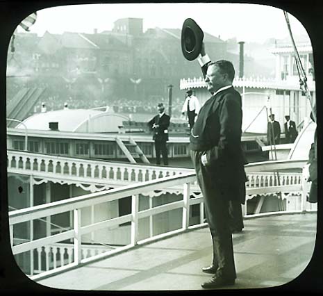 Theodore Roosevelt Waving to Crowd from Steamboat