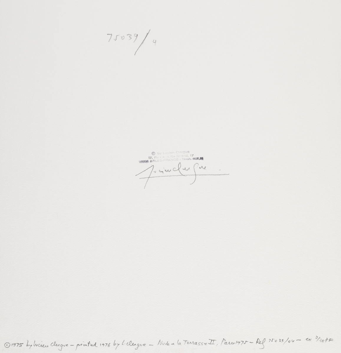 Photo Detail - Lucien Clergue - Nude a la Terrasse II, Paris