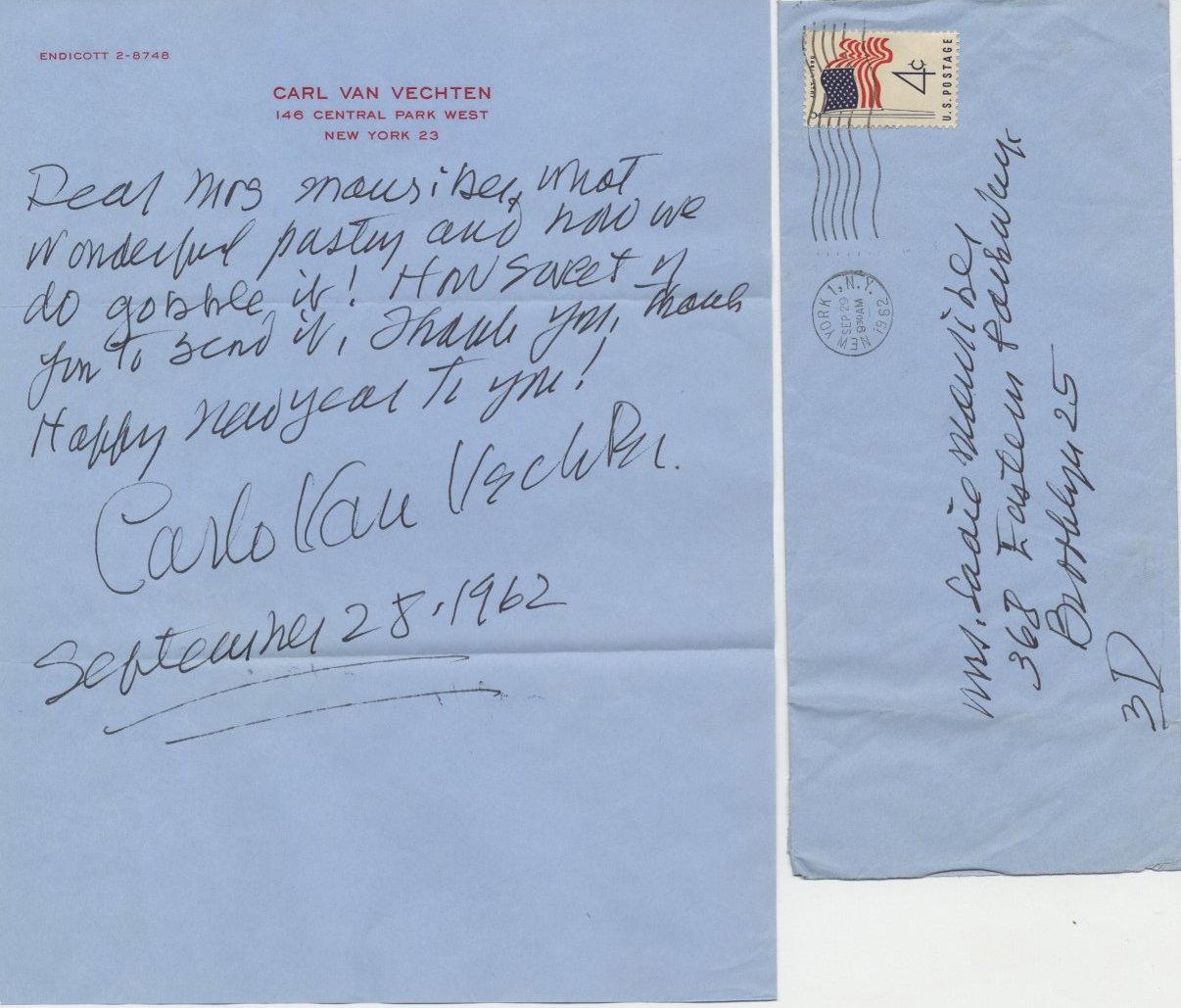 Carl Van Vechten - Autographed letter signed by photographer Carl Van Vechten to Mrs. (Saul) Mauriber