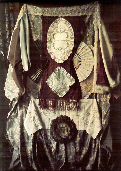 Anonymous - Still Life of Textiles, Fans and Wood Carved Frame Anonymous - Still Life of Textiles, Fans and Wood Carved Frame
